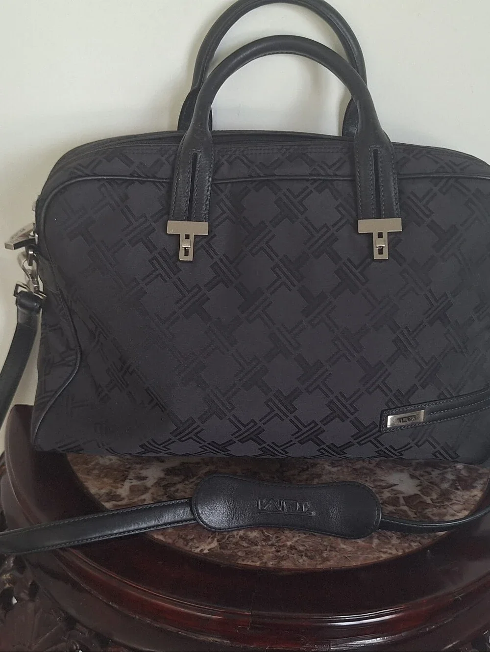 Tumi Black Quilted Logo Laptop Tote with Leather Handles